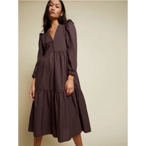 Nation LTD Dalia Victorian Midi Dress in Swashbuckle Brown - Picture 1 of 8